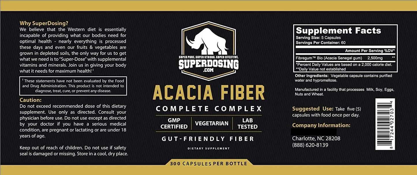 SuperDosing.com Fast Acting, Organic Acacia Senegal Fiber Capsules 300pk. Natural Soluble Fiber Supplement Pill. Vegan Prebiotic Capsules.