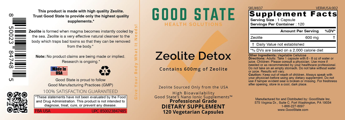 Good State | Zeolite Detox Supplement Clinoptilolite Capsules for Adults and Kids | Optimal Absorption Nano-Ionic Zeolite for Effective Body Detox and Cleanse | 600 mg Each Serving, 120 Veggie Caps