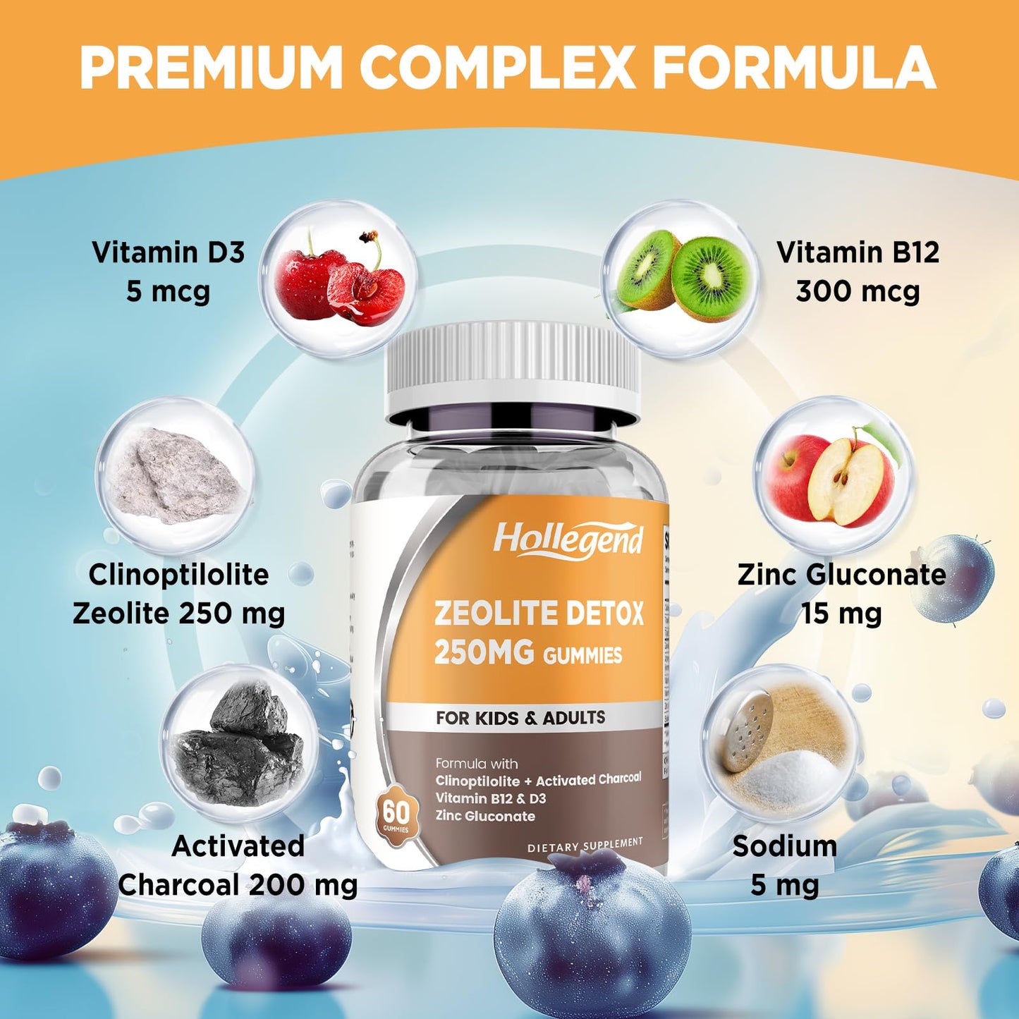 Zeolite Detox Gummies with Activated Charcoal, Clinoptilolite Zeolite with Vitamin B12 & D3 for Kids & Adults, Chewable Zeolite Supplement for Gut Health& Immune Support, Blueberry Flavor, 60 Ct