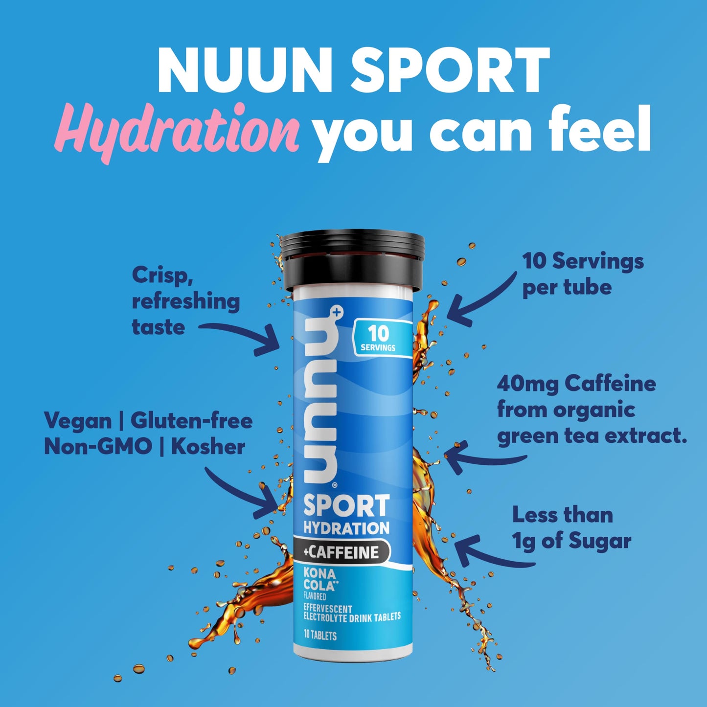 Nuun Sport + Caffeine Electrolyte Tablets - Dissolvable in Water, Kona Cola Flavor, 5 Essential Electrolytes for Hydration, 1g Sugar Drink Mix, Vegan, Non-GMO, 8 Pack (80 Total Servings)