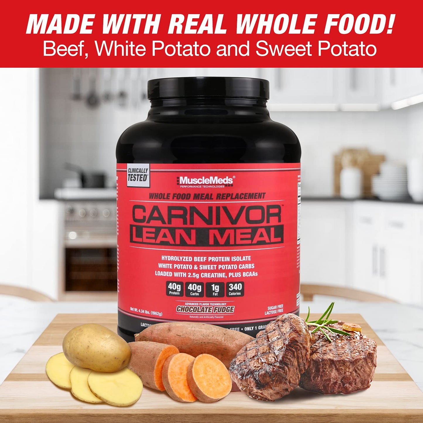 MuscleMeds CARNIVOR LEAN MEAL whole food meal replacement shake, MRE, beef protein isolate, white potato, sweet potato, 40g protein, 40 g carbs, lactose free, sugar free, Chocolate Fudge 20 servings
