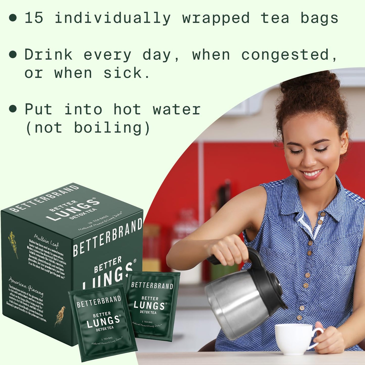 Betterbrand BetterLungs Detox Tea - Herbal Tea for Respiratory Support | Mullein Leaf & Herbal Blend for Lung Health & Wellness | Caffeine-Free | 15 Tea Bags