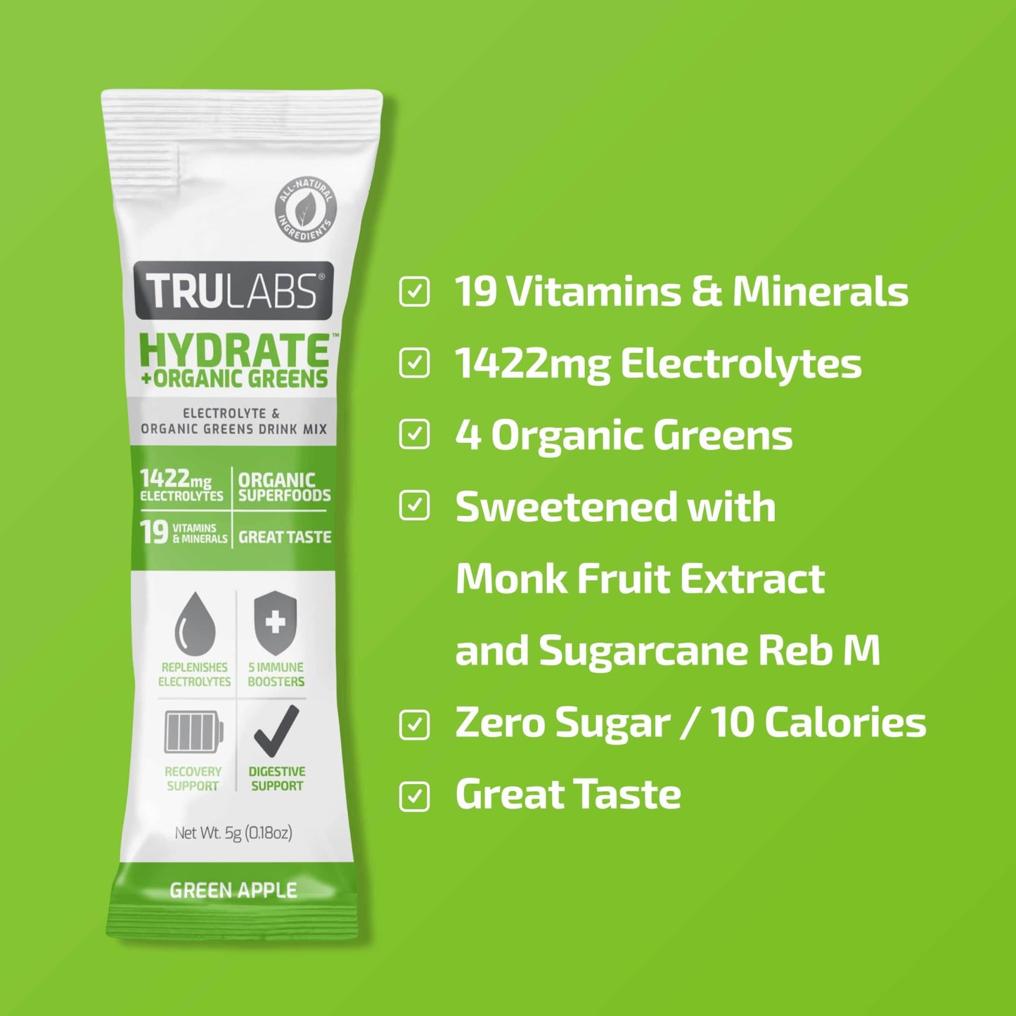 TRULABS Hydrate + Organic Greens 6ct. Sugar Free Electrolytes Hydration Packets. Each Serving Contains 1422 mg of Electrolytes &19 Vitamins & Minerals & 4 Organic Greens.