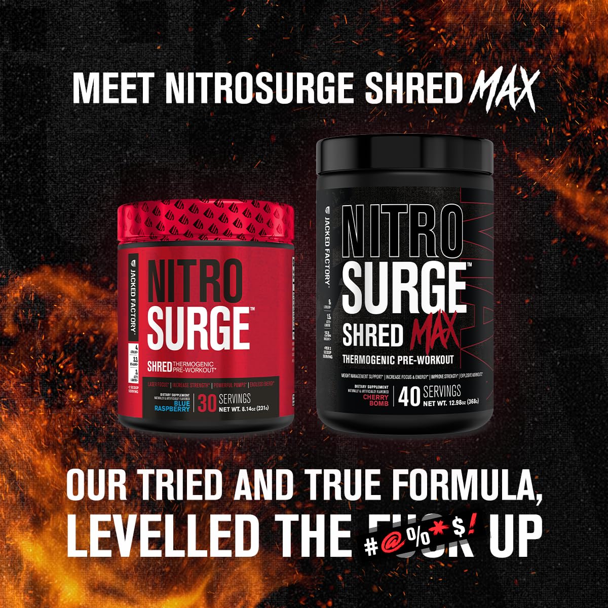 Jacked Factory Nitrosurge Shred Max Preworkout - High-Performance Thermogenic Pre Workout Powder for Men and Women with L Citrulline, Acetyl L Carnitine, Organic Caffeine - 40 Servings, Cherry Bomb