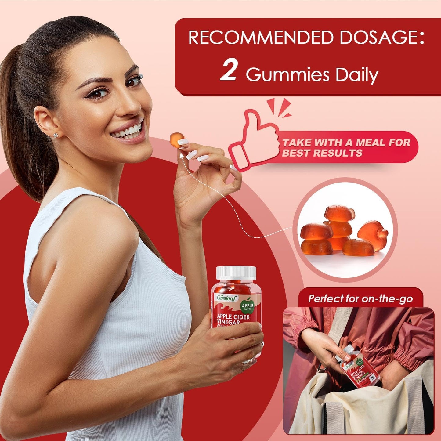 careleaf Apple Cider Vinegar Gummies 60 Counts 1000mg AVC with Vitamin B6 Vitamin B12 for Metabolism, Digestion, Detox, Gut & Immune Health
