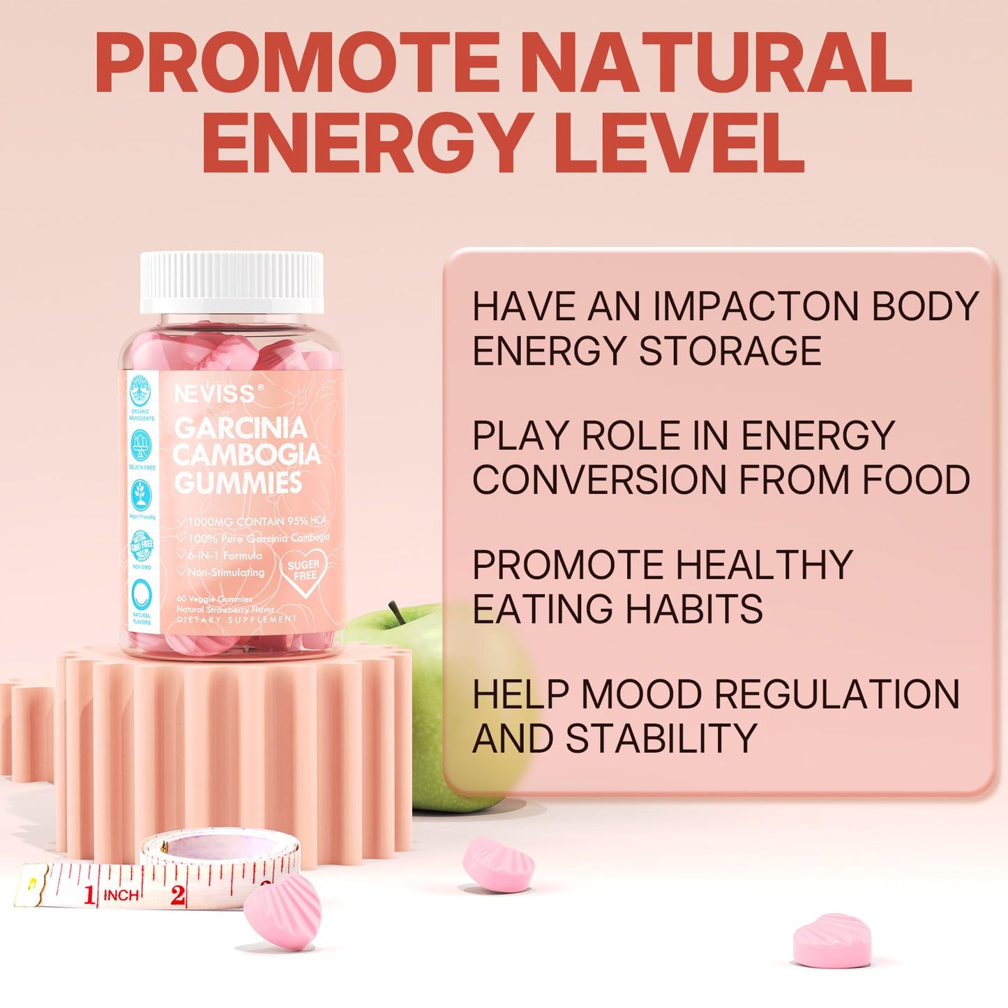 Sugar Free Garcinia Cambogia Gummies 1000mg 95% HCA Pure Extract with L-Carnitine, Raspberry Ketone, Chromium, Green Coffee Bean for Metabolism, 100% Organic Extract, Vegan, Strawberry Flavor 60 Cts