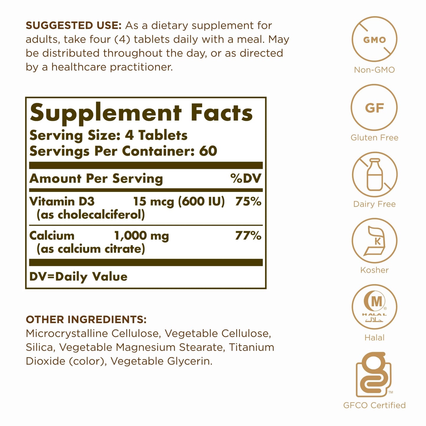 Solgar Calcium Citrate with Vitamin D3-240 Tablets - Non-GMO, Gluten Free, Kosher, Halal - 60 Servings