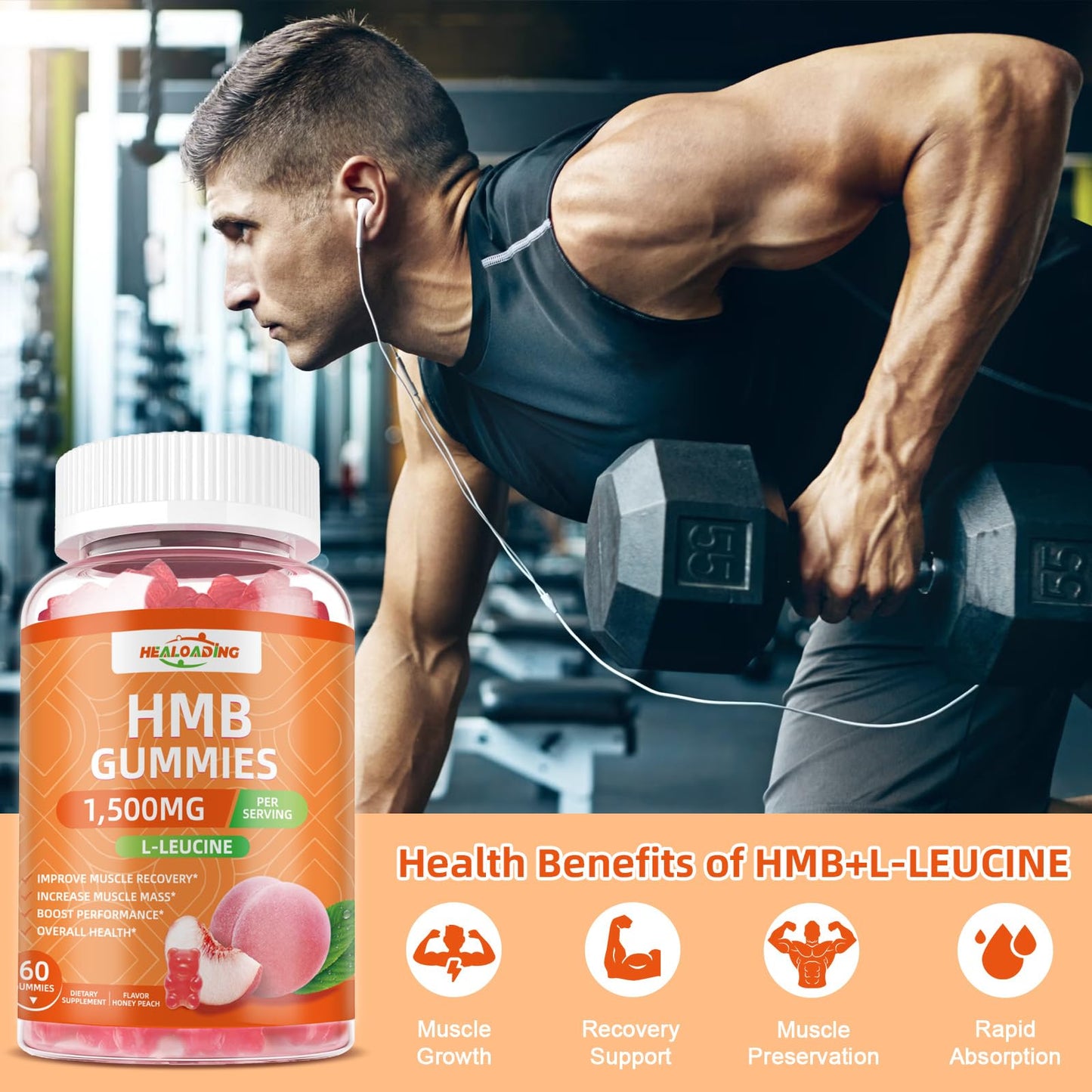 HEALOADING HMB and Leucine Gummies Supplement: HMB Supplements for Men 1500mg and Leucine Amino Acid for Muscle Recovery Increase Muscle Mass Improve Endurance Non-GMO Sugar Free Peach 60 Gummies