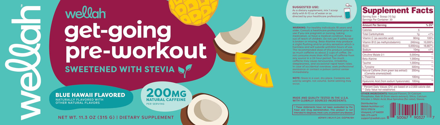 Wellah Get-Going Pre-Workout Drink Mix (Blue Hawaii Flavored, 30 Servings)
