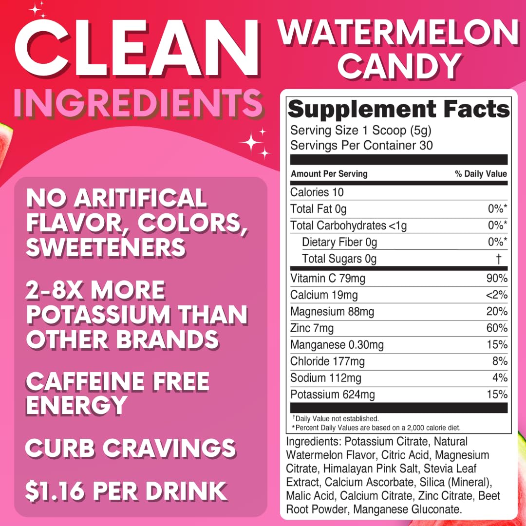 Zero Sugar - Watermelon Candy Electrolytes Powder - Refreshing Hydration - Caffeine Free Energy with All Natural Ingredients - Vegan, Keto and Paleo - Sugar Free Electrolytes Drink Mix - 30 Servings