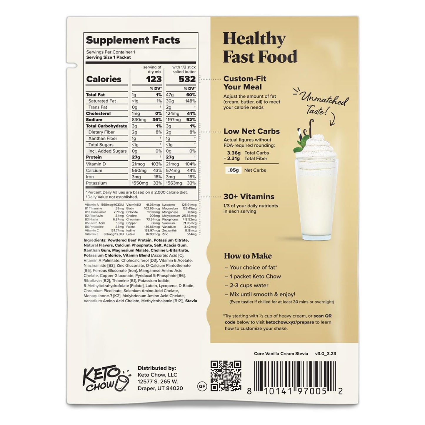 Keto Chow Vanilla Cream Core wStevia Keto Meal Replacement Shake Powder Nutritionally Complete Low Carb Delicious Easy Meal Substitute Protein Rich Dairy Free Single Meal Serving