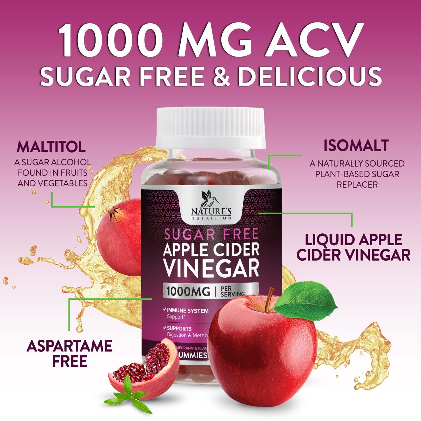 Nature's Nutrition Apple Vinegar Gummy for Weight Loss 1000mg - Vegan Apple Cider Vinegar Gummies for Detox & Cleanse, ACV Supplement Pills, Vitamin B12, Sugar Free ACV Gummy, Non-GMO - 60 Gummies