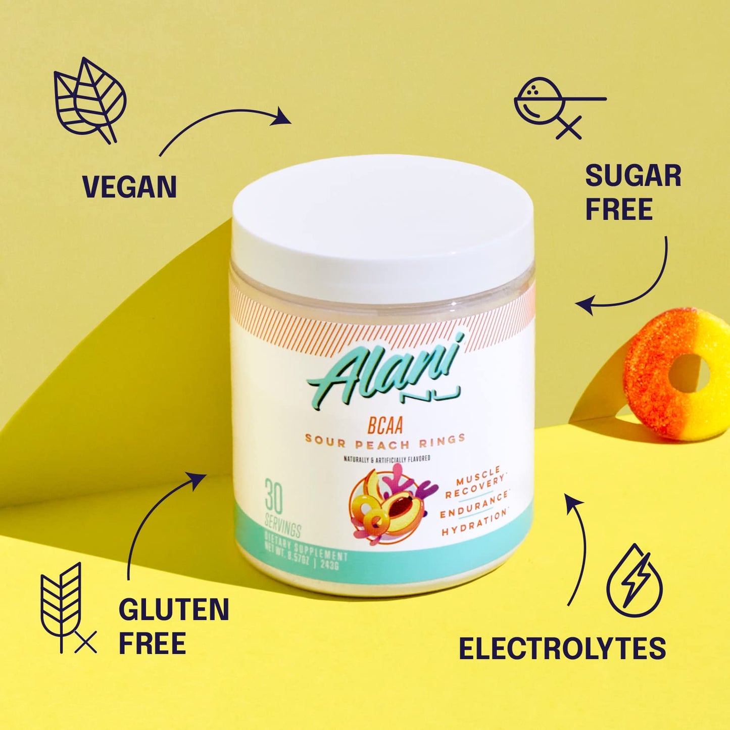Alani Nu BCAA Sour Peach Ring | Branch Chain Essential Amino Acids | 2:1:1 Formula | Supplement Powder | Muscle Recovery Vitamins for Post-Workout | 30 Servings