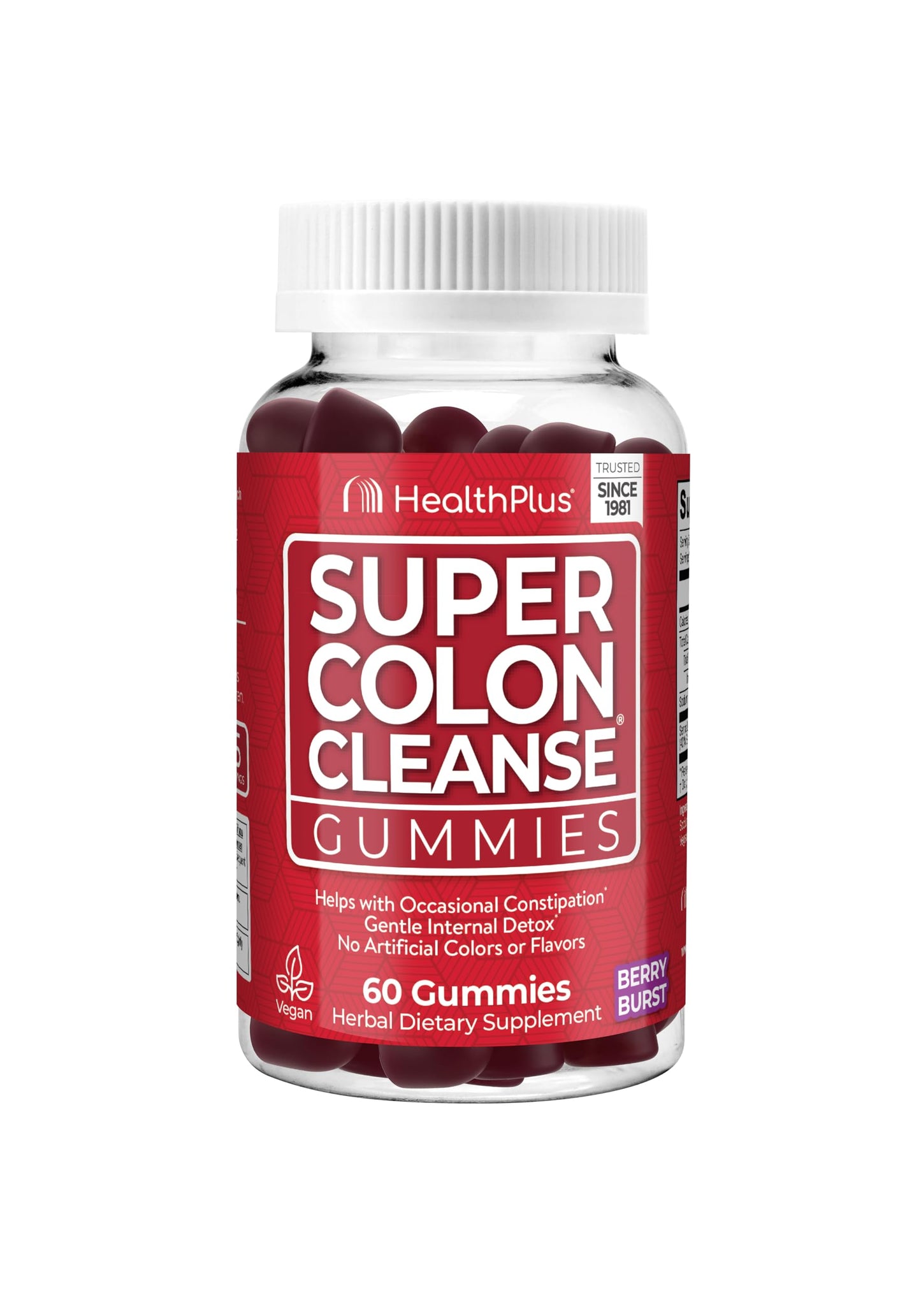 Health Plus Super Colon Cleanse Gummies 15 Day Supply of Gentle Overnight Relief from Occasional Constipation, Natural Senna Leaf Extract, Dietary Supplement, Mixed Berry Flavor, 60 Count