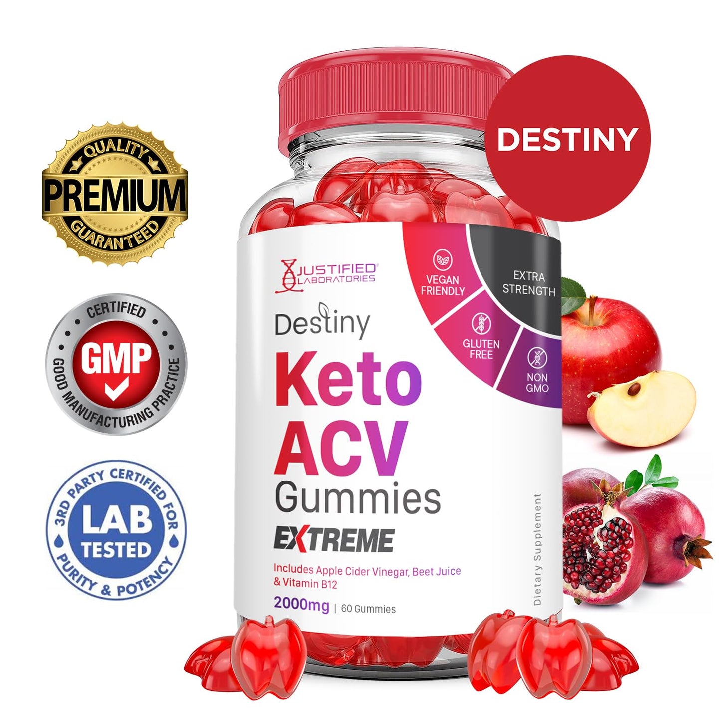 (3 Pack) Destiny Keto ACV Gummies Extreme 2000MG Destiny Keto Gummies Advanced Formula Apple Cider Vinegar with Pomegranate Beet Juice Powder B12 Vegan Non GMO 180 Gummys