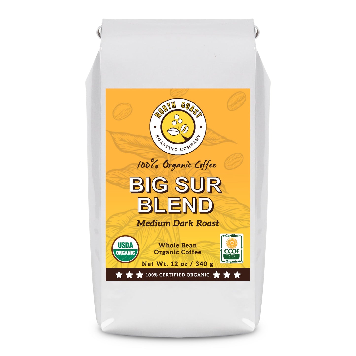 North Coast Roasting Company Medium Dark Roast Low Acid Organic Coffee Whole Bean Big Sur Blend USDA Certified Organic Coffee Beans 12 Ounce Bag