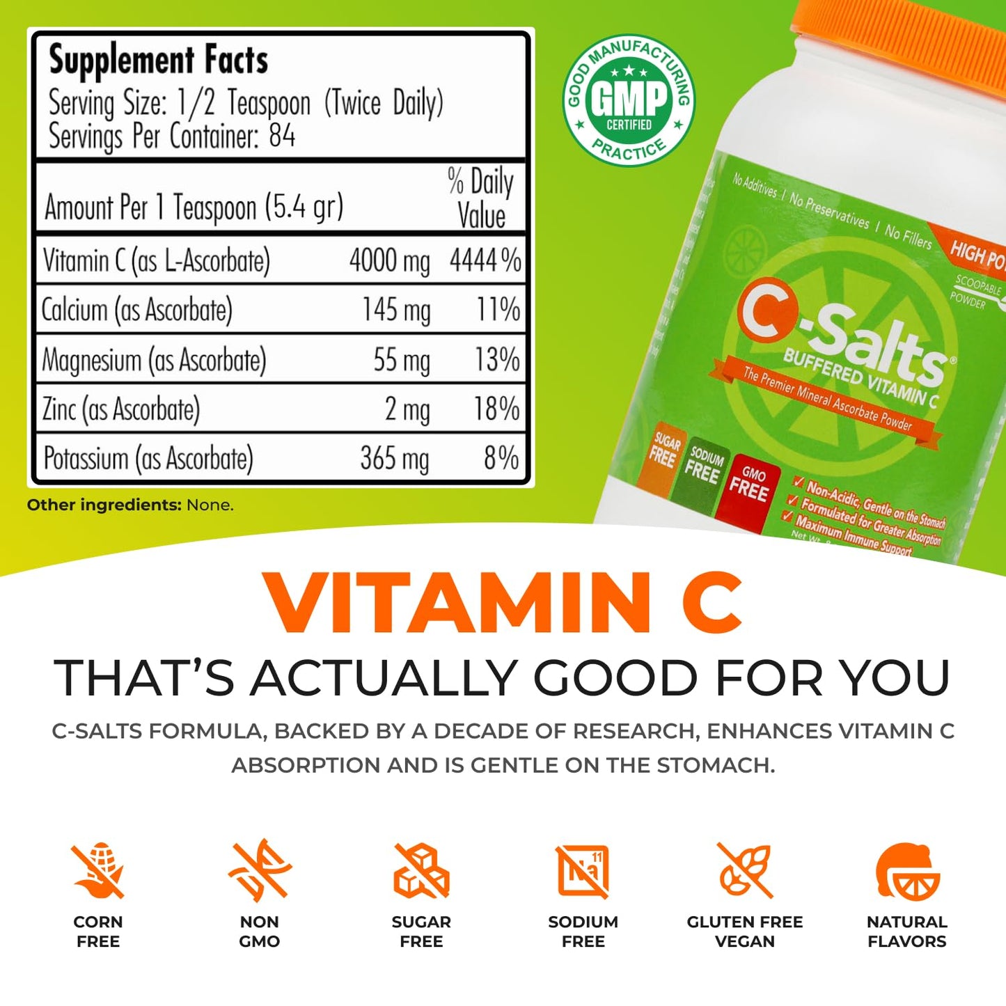 C-Salts Original Vitamin C Powder Supplement - 100% Pure High Dose Buffered Vitamin C Powder for Immune Support - Sugar-Free Powdered Drink Ascorbate, Organic, Stomach-Friendly, Original 8oz
