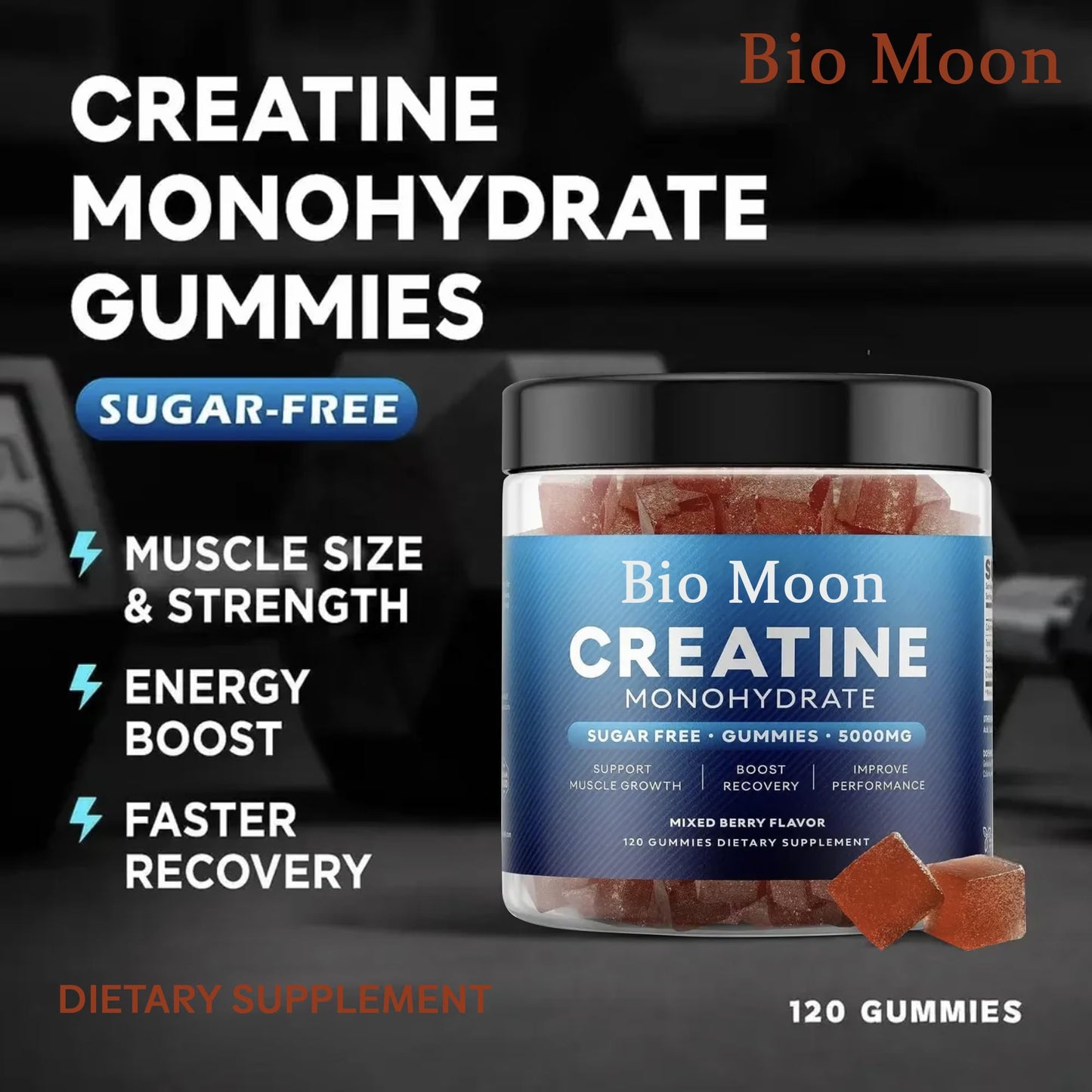 Bio Moon Creatine Monohydrate Gummies 5000mg for Men & Women, Chewables Creatine Monohydrate for Muscle Strength, Energy Boost, Pre-Workout Supplement(120 Count)- Mixed Berries Flavour
