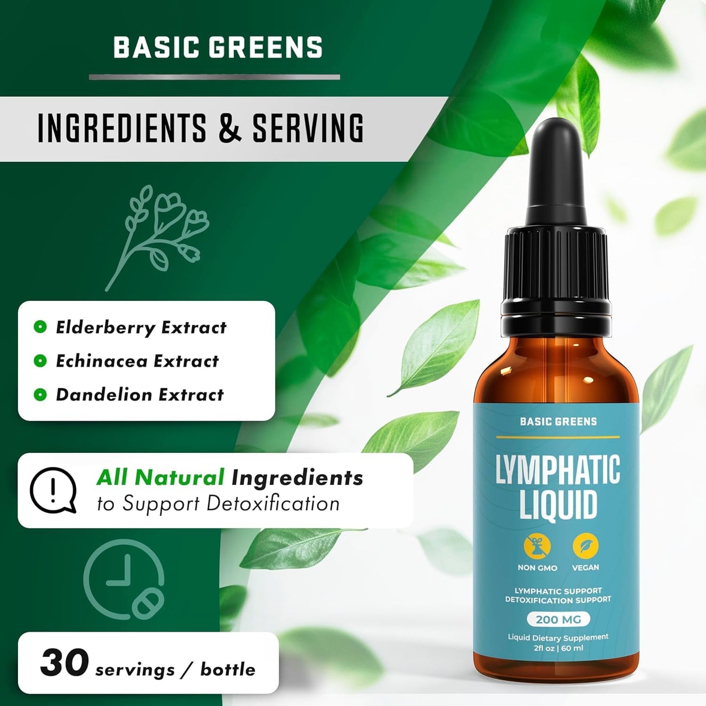BASIC GREENS Lymphatic Support Liquid - Natural Immune Booster for Lymphatic Drainage, Fluid Balance, and Daily Cleanse, Easy - Absorb Liquid Formula for Wellness Support, 2 Fl Oz