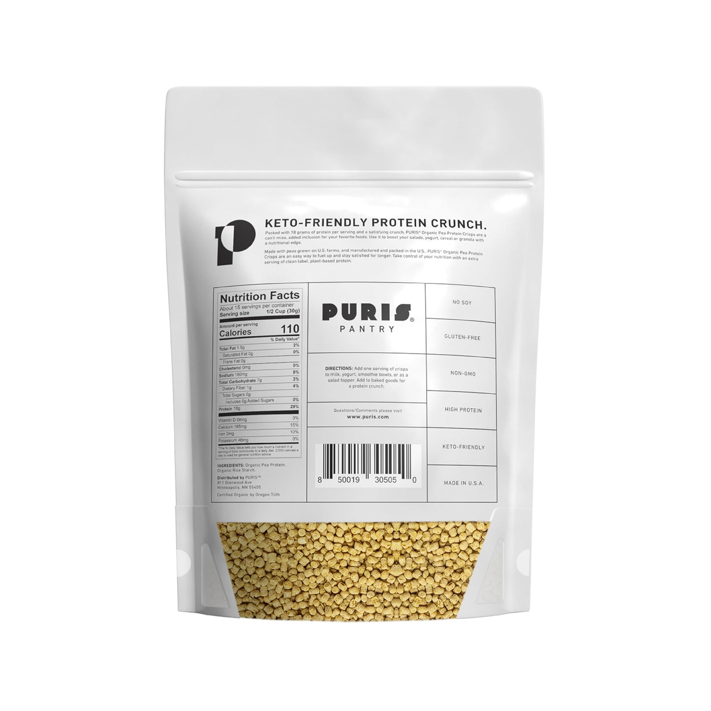 PURIS Organic Pea Protein Crisps, 1LB, Certified Organic Pea Protein Isolate, Keto Protein Crunch, Made 100% in The USA, Non-GMO, Gluten Free, No Sugar, No Soy, 18g Protein, 7g Carbs, Unflavored