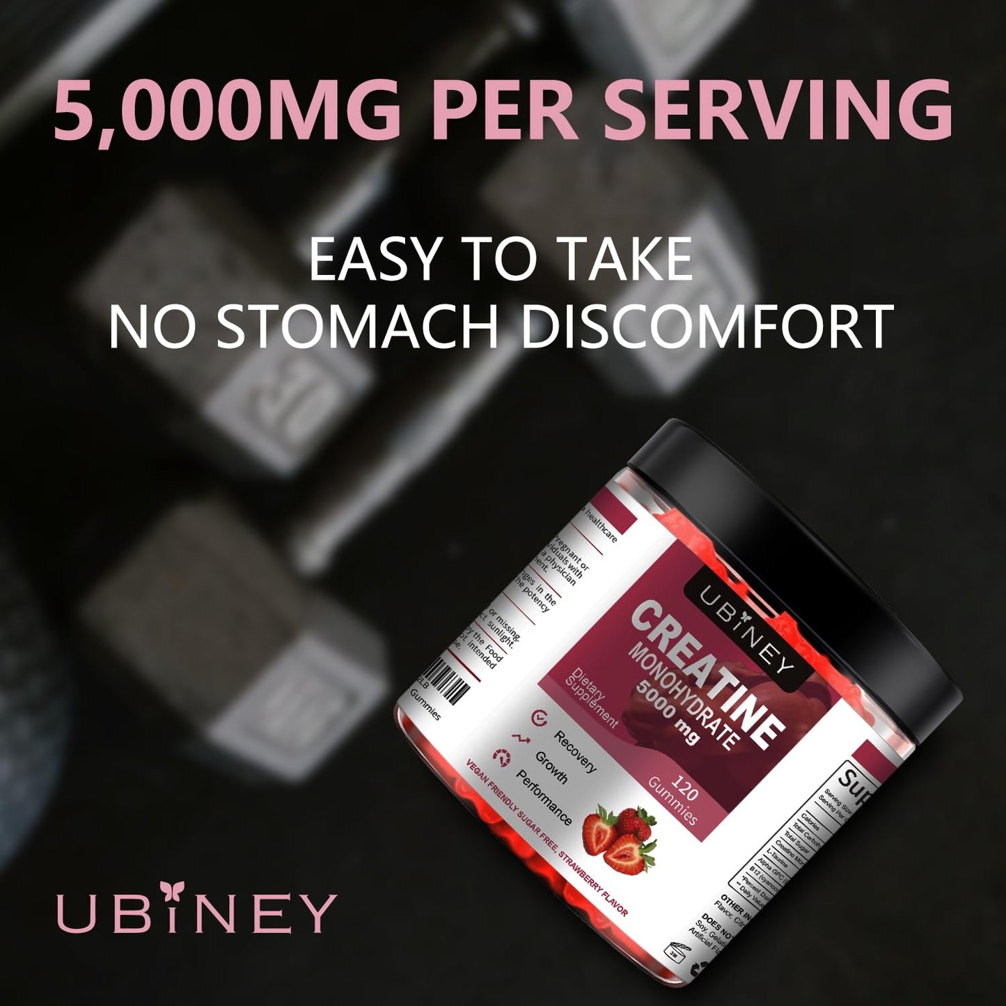 Creatine Monohydrate Gummies 5000mg - Sugar-Free, Vegan, Gluten-Free - Enhanced with Vitamin B12 & L-Taurine for Muscle Growth, Recovery & Strength - Delicious Strawberry Flavor, 120 Count