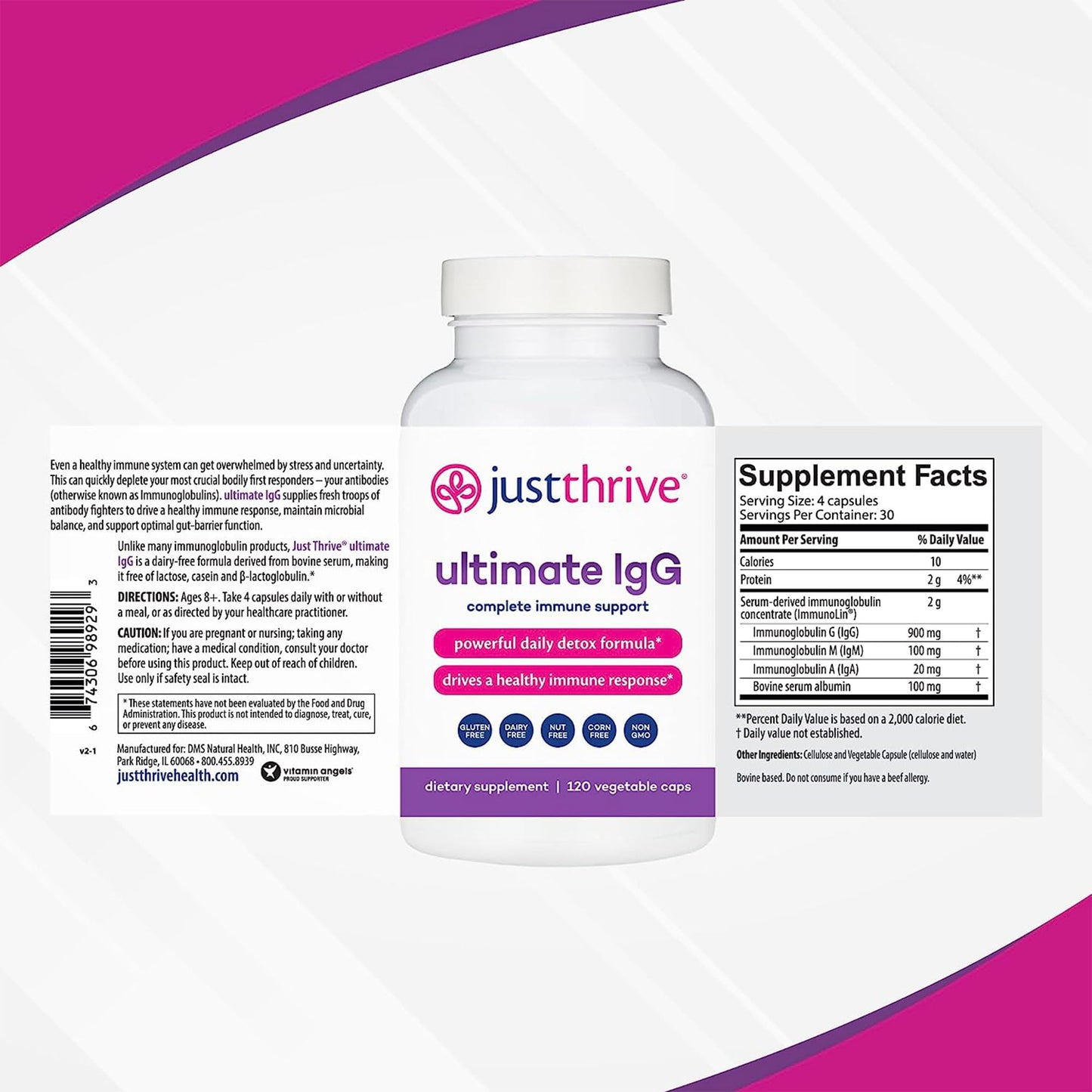 Just Thrive - Ultimate IgG - Complete Immune Support Supplement - Detox Formula, 120 Vegetable Capsules