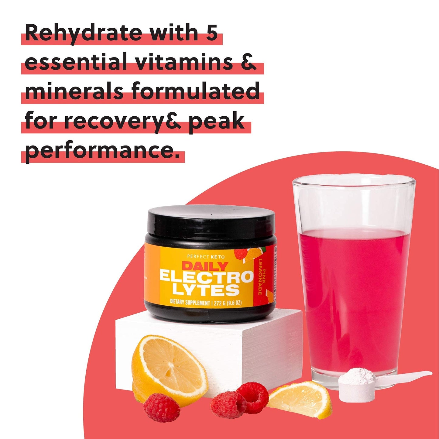 Perfect Keto Electrolytes Powder, Sugar and Gluten Free, Electrolyte Drink Mix, Sodium, Magnesium, Calcium and Potassium Supplement, Hydration, Recovery & Immune Support, Pink Lemonade, 45 Servings