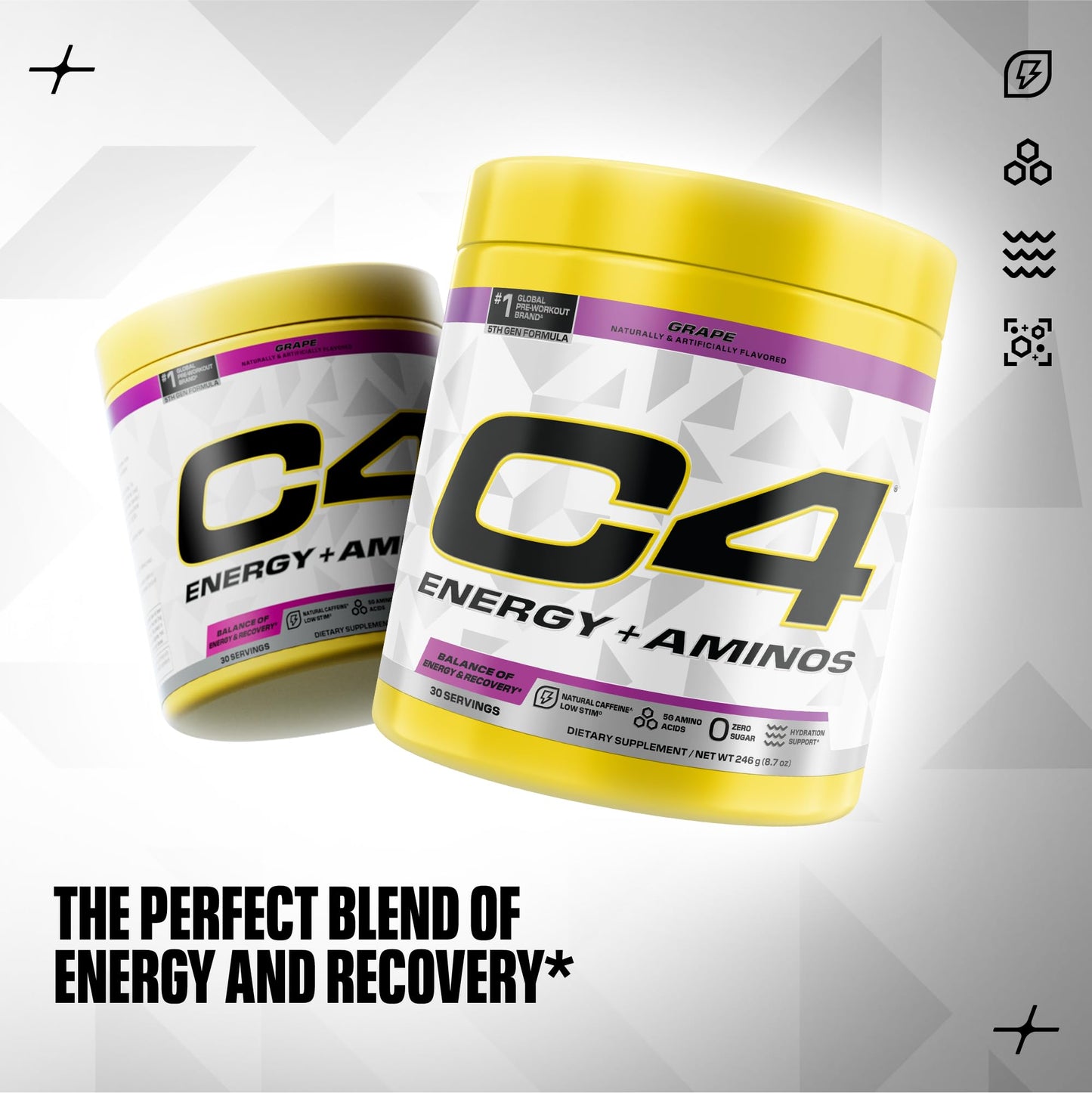 Cellucor C4 Energy + Aminos Powder | 5g BCAAs & EAAs for Muscle Recovery, 3 Electrolytes for Hydration, 100mg Natural Caffeine | Pre Workout | Zero Sugar, 30 Servings, Grape