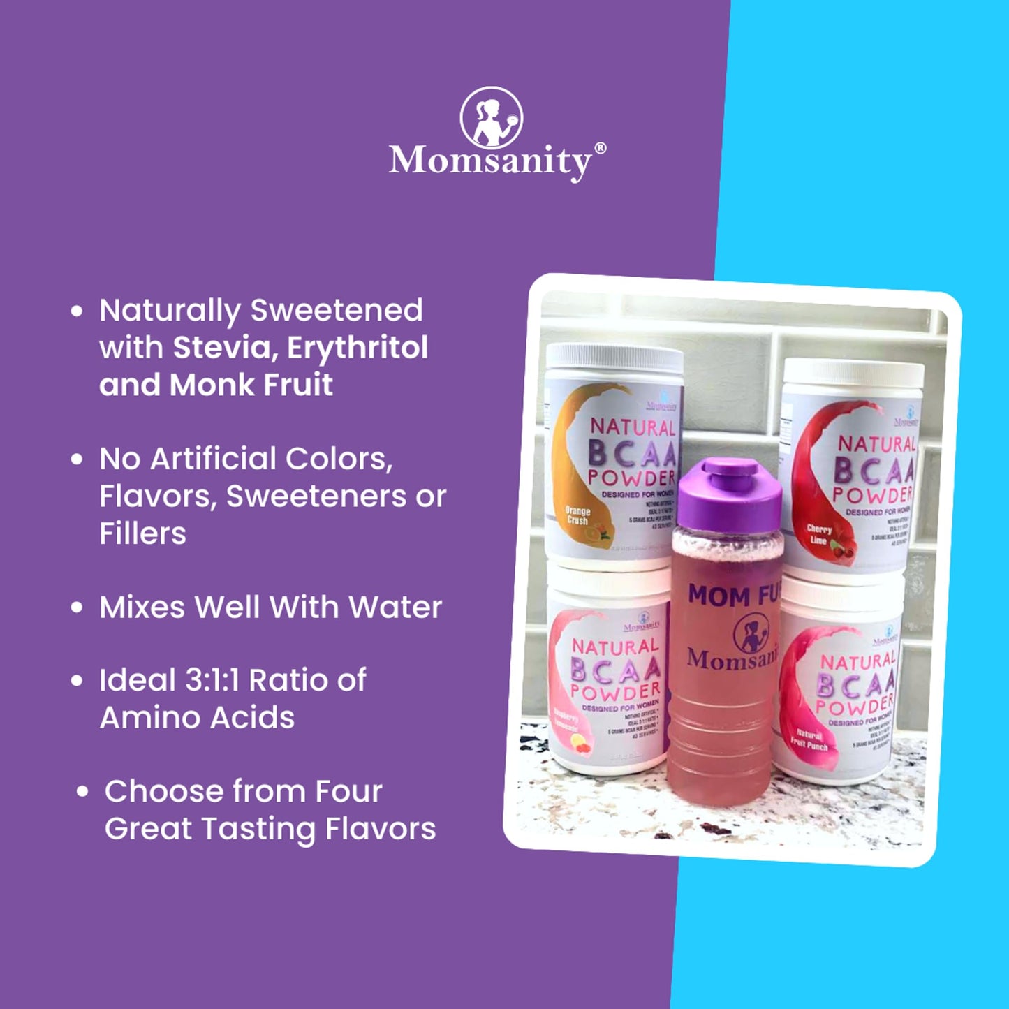 Momsanity BCAA Powder Preworkout for Women - Naturally Sweetened with Stevia, Erythritol, & Monk Fruit + Delicious Recipe Guide PDF | 3:1:1 Ratio of Amino Acids | 40 Servings (Orange Crush)