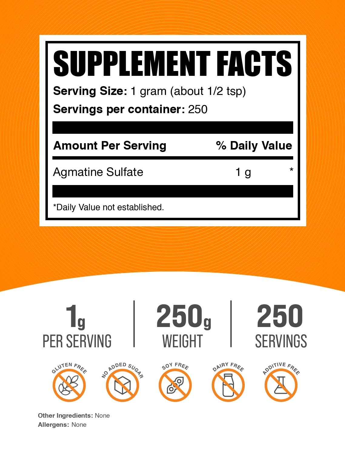 BulkSupplements.com Agmatine Sulfate Powder - Nitric Oxide Supplement - Unflavored & Gluten Free, 1g per Serving, 250g (8.8 oz) (Pack of 1)