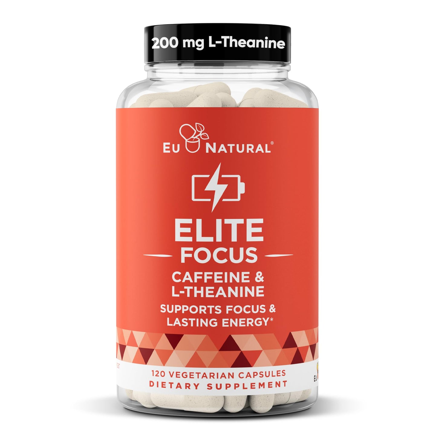 Elite Caffeine Pills with L-Theanine - Jitter-Free Focused Energy Supplements - Clean & Natural Nootropic Stack for Smart Cognitive Performance - 120 Soft Capsules