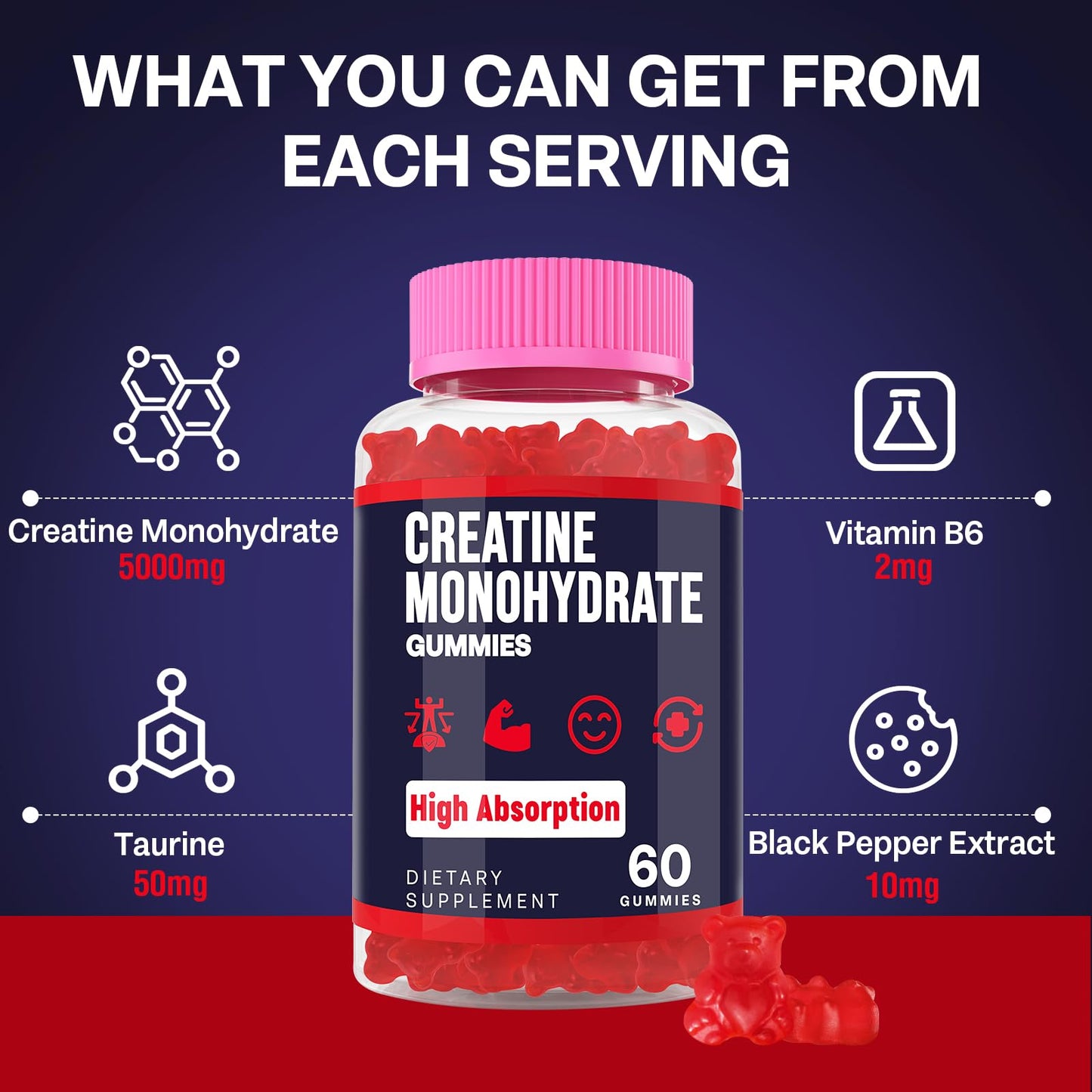 Creatine Monohydrate Gummies for Women & Men, Taurine & B6, Chewable Creatina Pre Workout Gummies for Max Strength & Muscle Growth, Energy, Endurance, Creatine for Men & Women - 2 Bottles