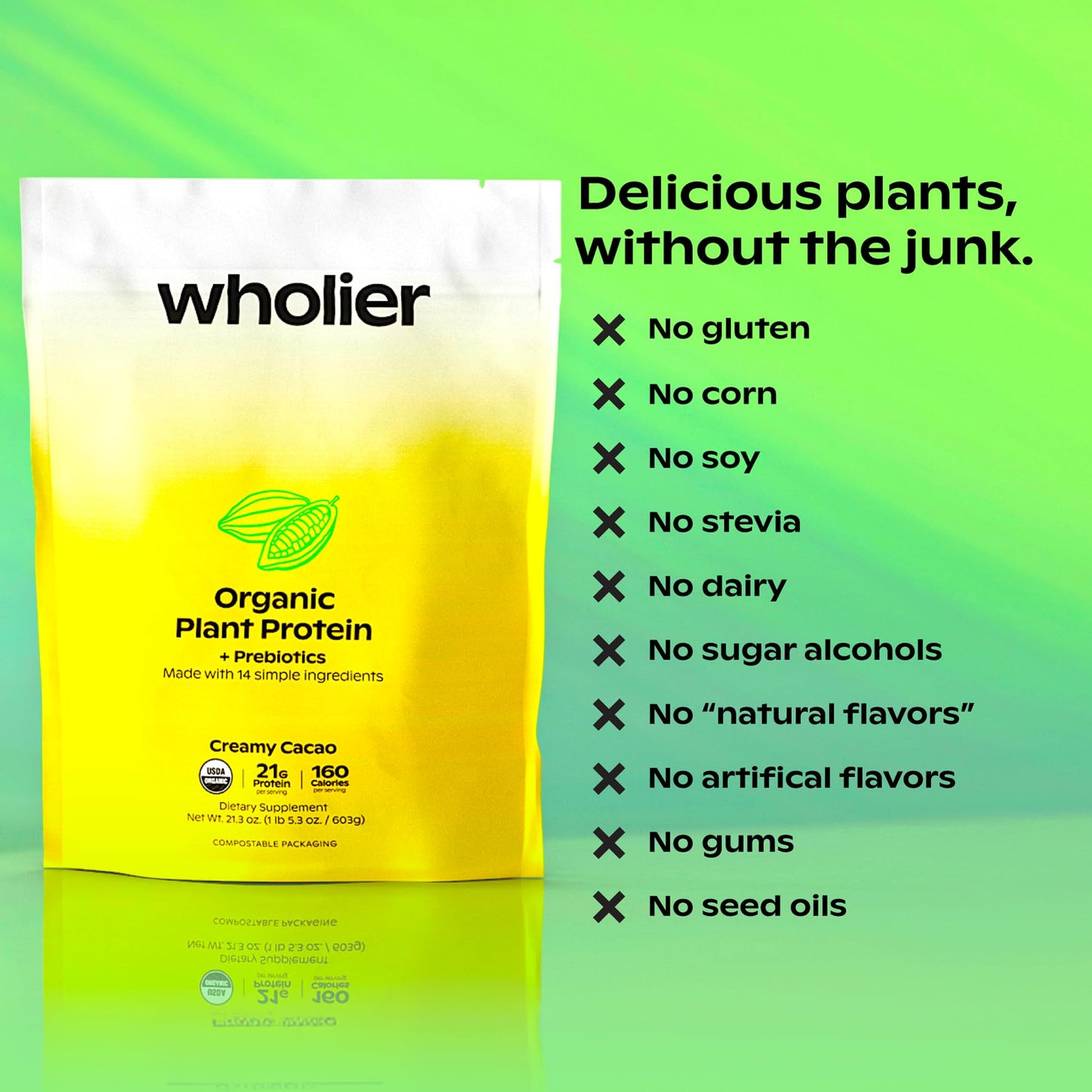 wholier Organic Plant Protein + Prebiotics. 21g of Vegan Protein. 5g of Fiber. Psyllium Husk + Green Banana for Digestion. No Natural Flavors, Gums or Fillers. Vanilla Bean