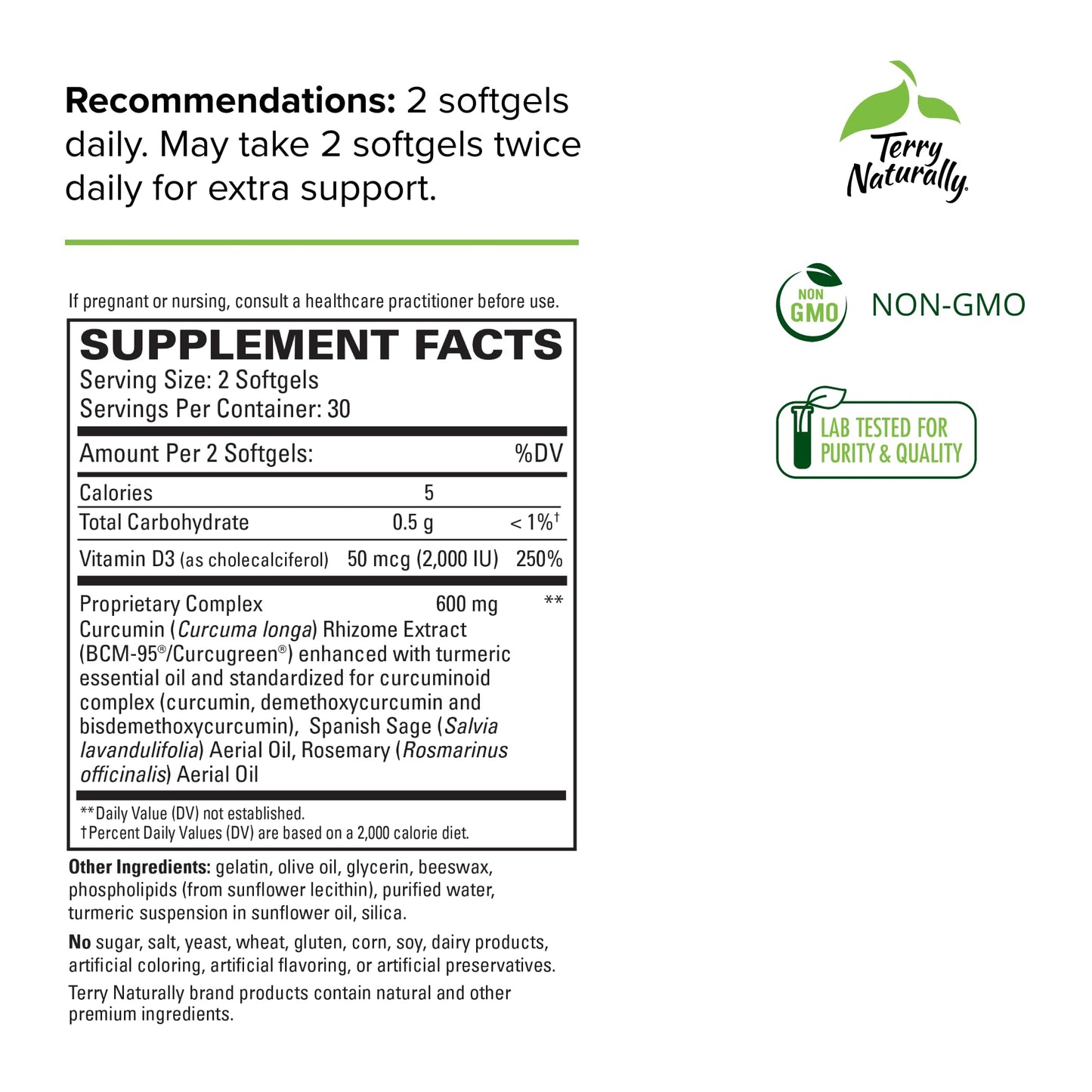Terry Naturally CuraMed Brain - 60 Softgels - with BCM-95 Curcumin, Vitamin D3, Rosemary & Sage - Non-GMO, Gluten Free - 30 Servings