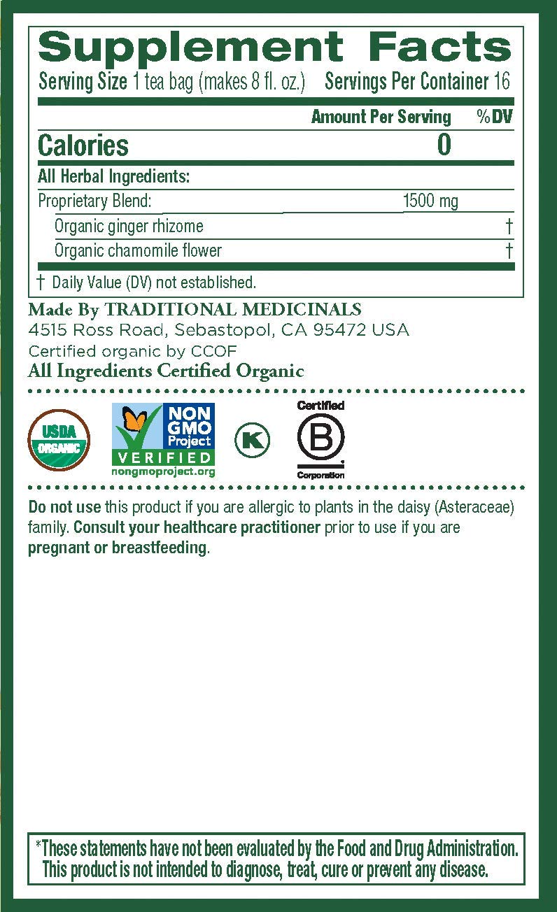 Traditional Medicinal Organic Ginger with Chamomile Tea 16 Bags