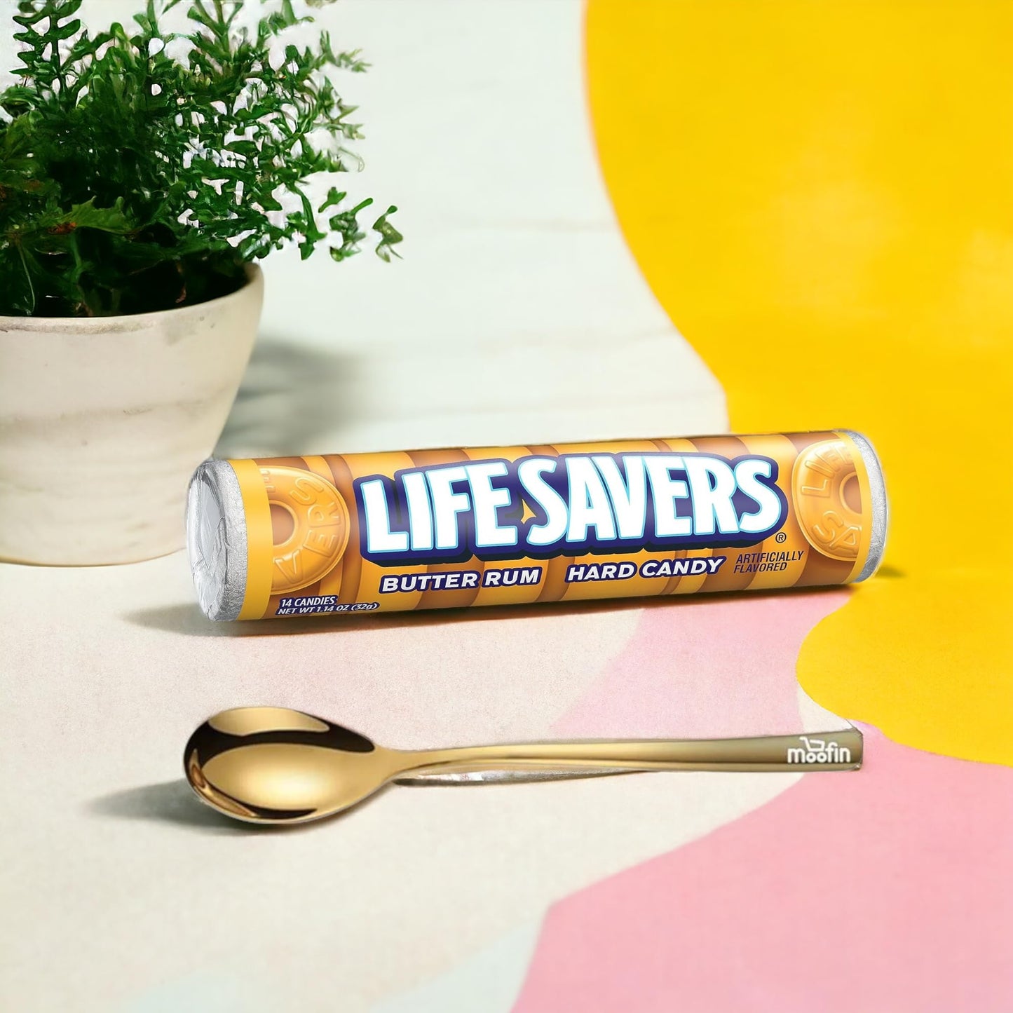 Hard Candy 114 Oz Butter Rum Lifesavers Candy with Moofin Golden SS Spoon Ideal for Snacking Sharing Rich Flavor Easter Baskets Christmas Stockings Butter Rum Candy Pack of 2
