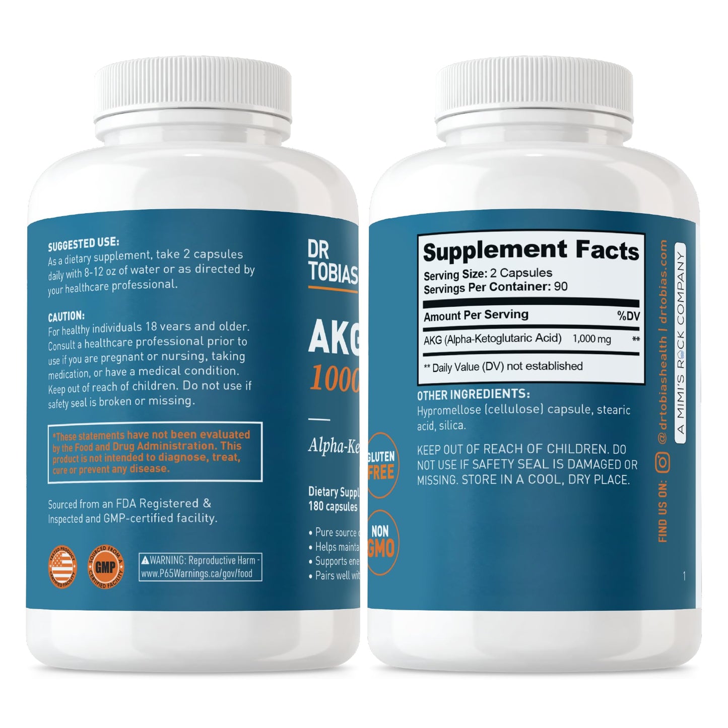 Dr. Tobias AKG Supplement 1000mg Per Serving, Bioavailable Alpha Ketoglutaric Acid, Supports Cellular Energy & Nitric Oxide Flow, Vegan, Gluten-Free, Non-GMO, 180 Capsules, 90 Servings