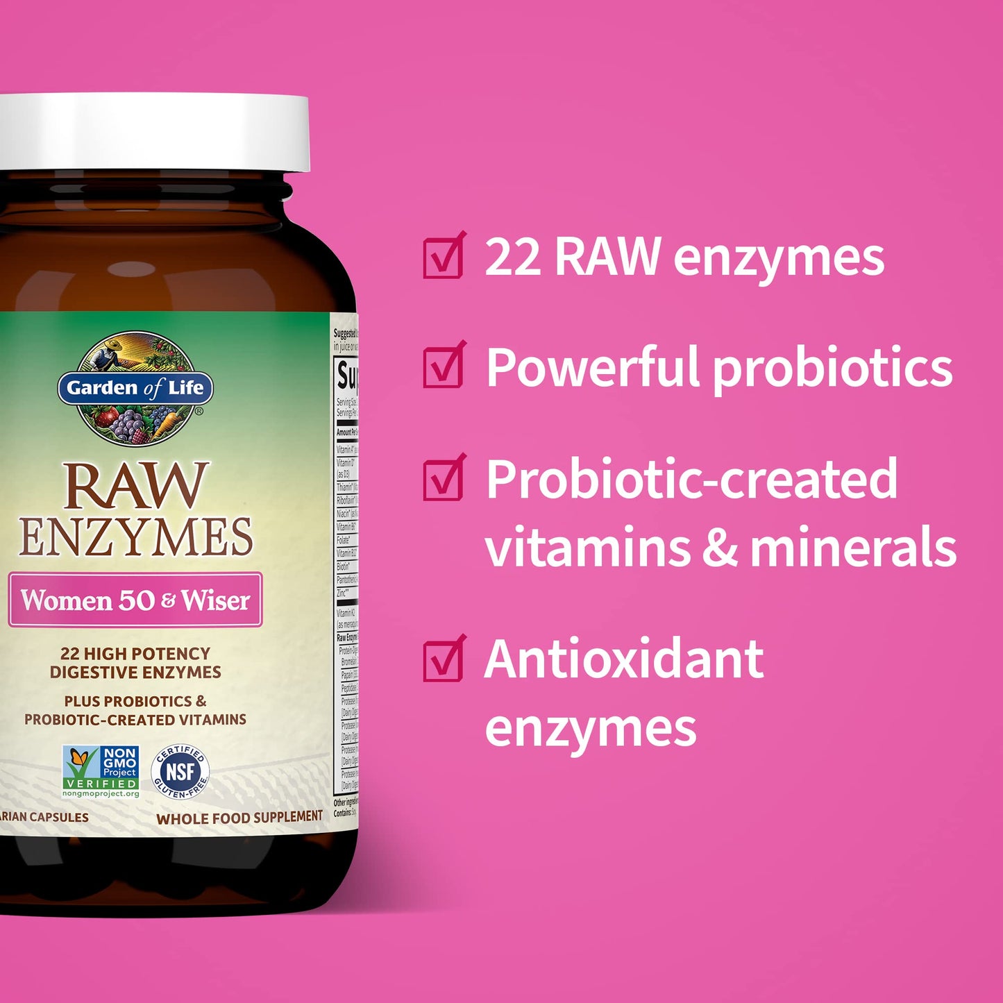 Garden of Life 22 Digestive Enzymes for Women 50 & Over with Bromelain, Papain & Lactase Plus Probiotics & Vitamins B12, Biotin & Zinc - RAW Enzymes - Non-GMO, Gluten-Free, Vegetarian, 90 Capsules