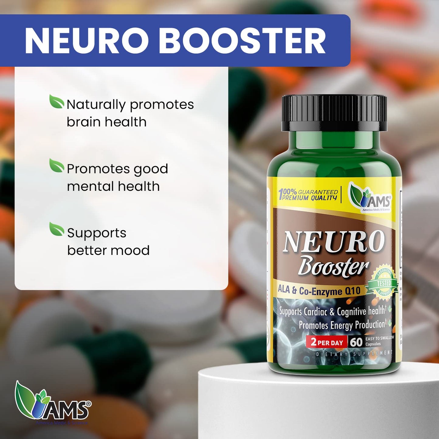 America Medic & Science Neuro Booster (60 Capsules) | Nutritional Supplement for Brain Health | Vitamin Pills for Better Memory and Cognitive Function | with Coenzyme Q10, ALA, and Acetyl L-Carnitine