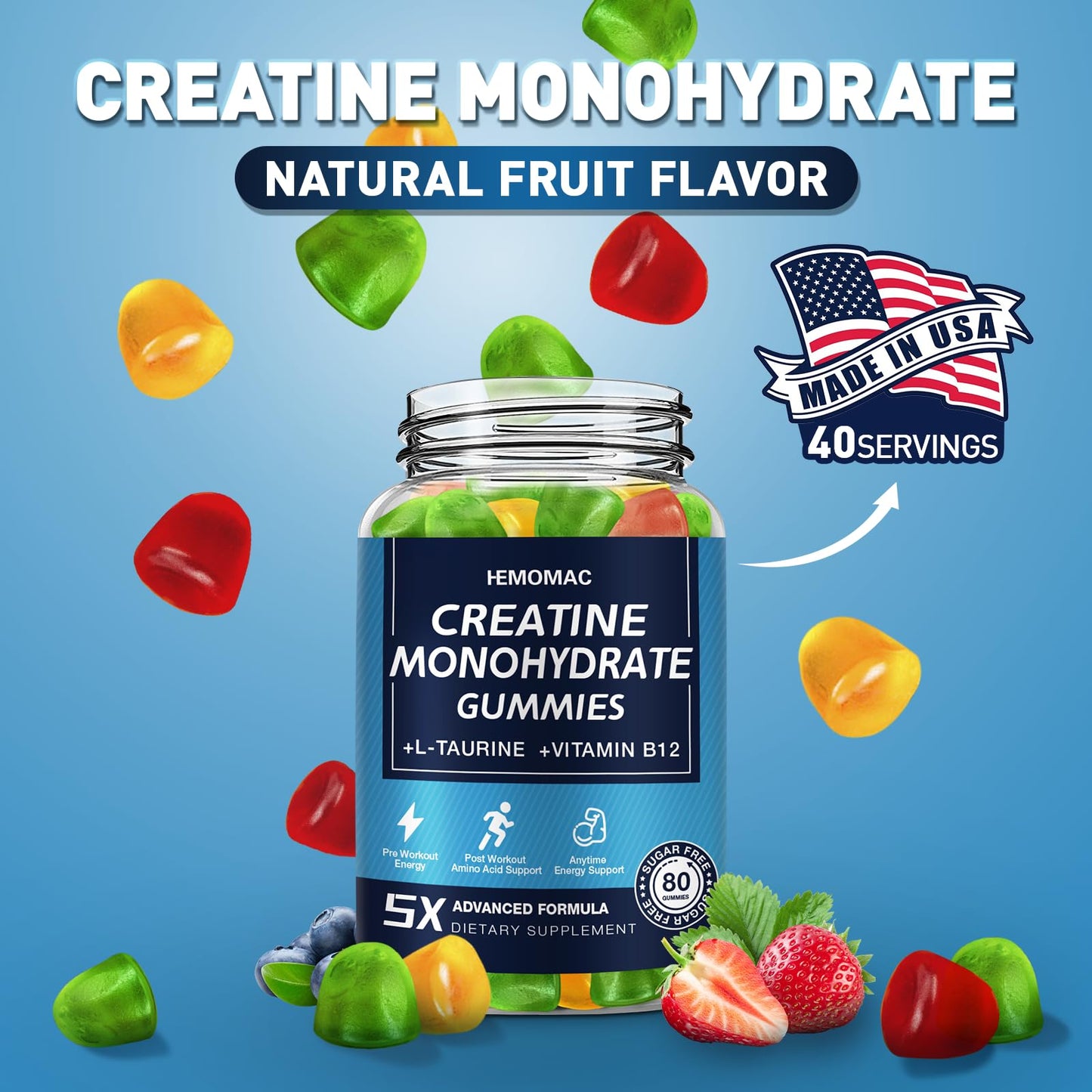 Creatine Monohydrate Gummies 5g for Men & Women, 160 Count Creatine Gummies for Muscle Strength, L-Taurine, Vitamin B12, Energy Boost, Workout Supplement, 2 Pack