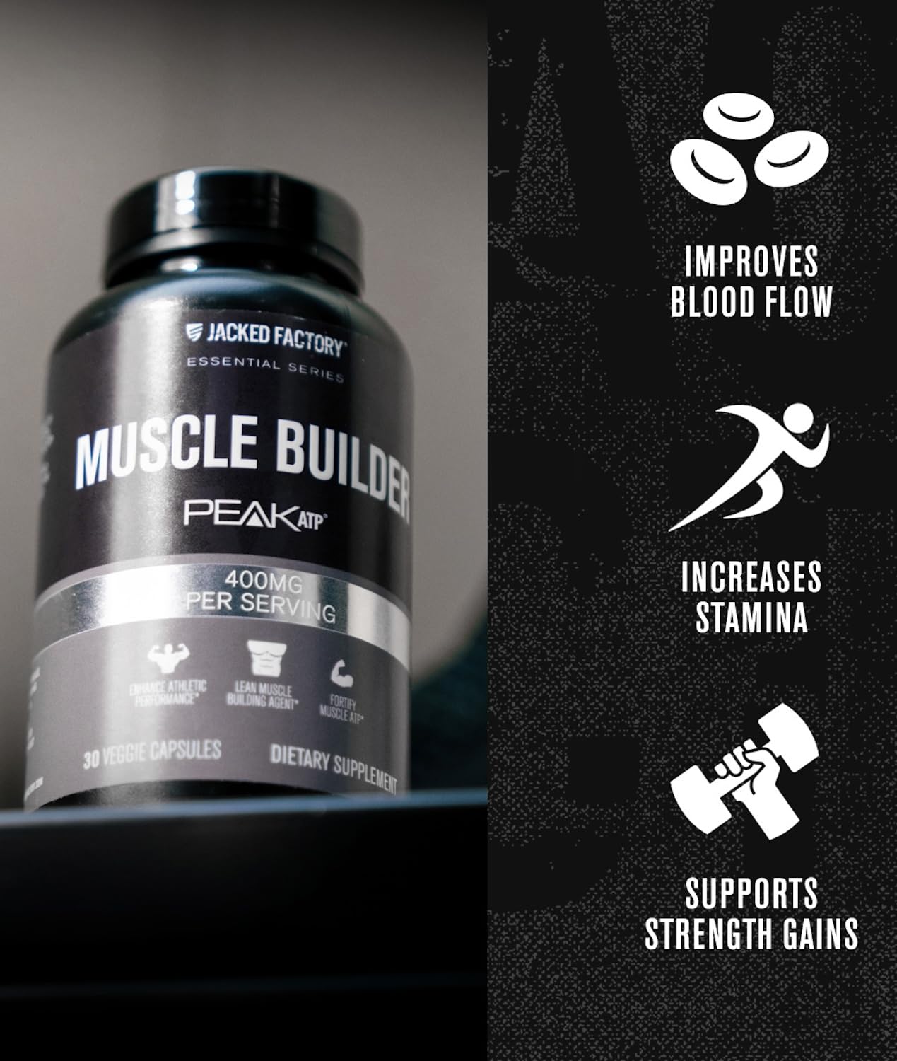 Jacked Factory Essentials Muscle Builder - ATP Muscle Builder for Men with Peak ATP to Support Muscle Gain, Enhance Athletic Performance, & Increase Strength - 30 Capsules