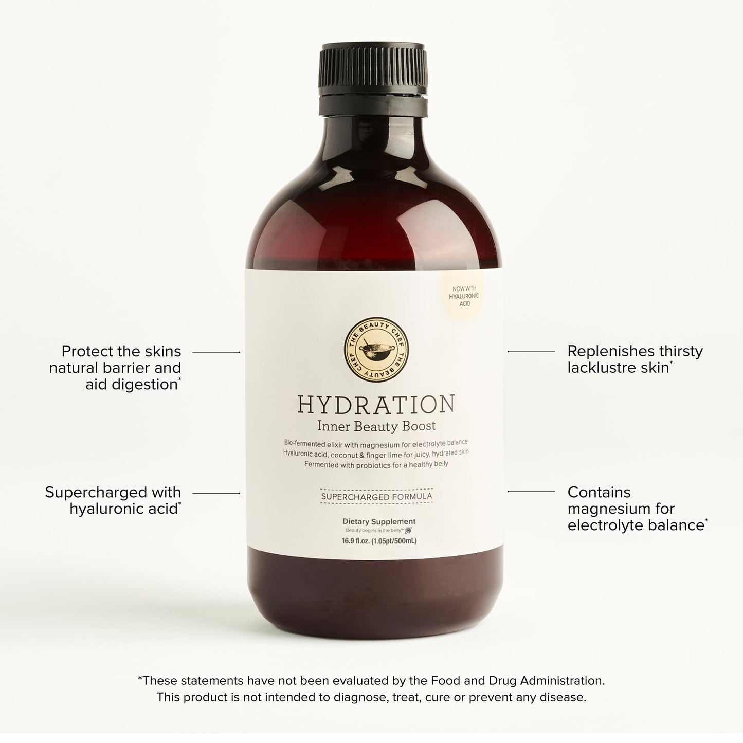 The Beauty Chef Hydration Inner Beauty Boost - Bio-Fermented Liquid to Support Hydration, Electrolyte Balance, & Skin Moisture Levels, Fermented Hyaluronic Acid, 16.9 fl. oz / 500mL