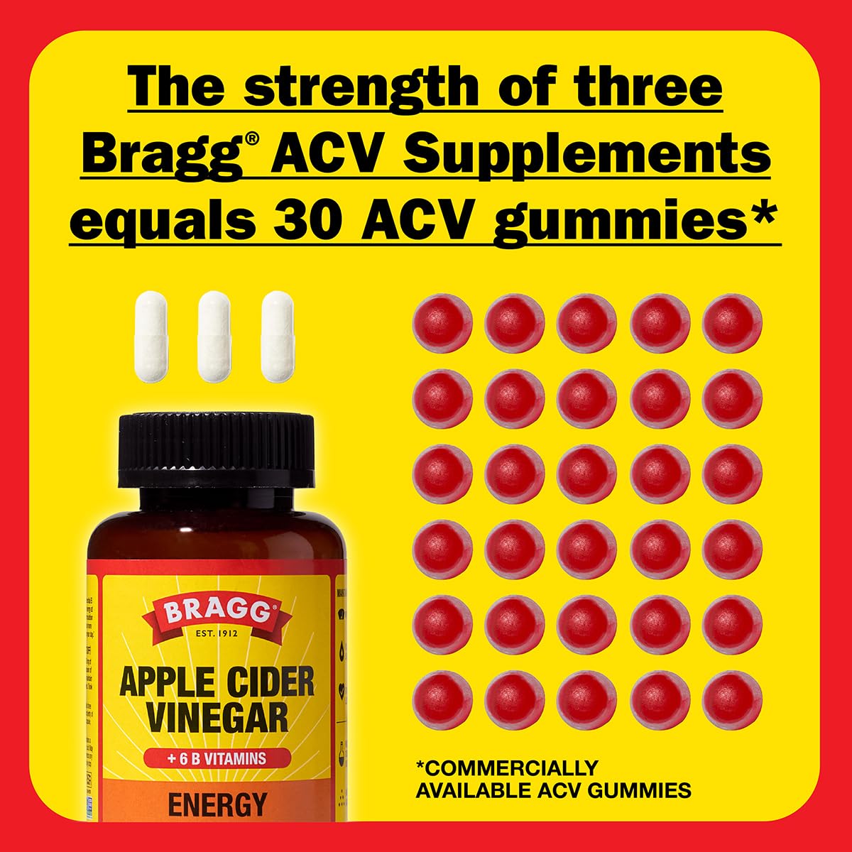Bragg Energy Apple Cider Vinegar Capsules with B Vitamins - (2 Pack) 90 Capsules - Helps Generate Energy at Cellular Level