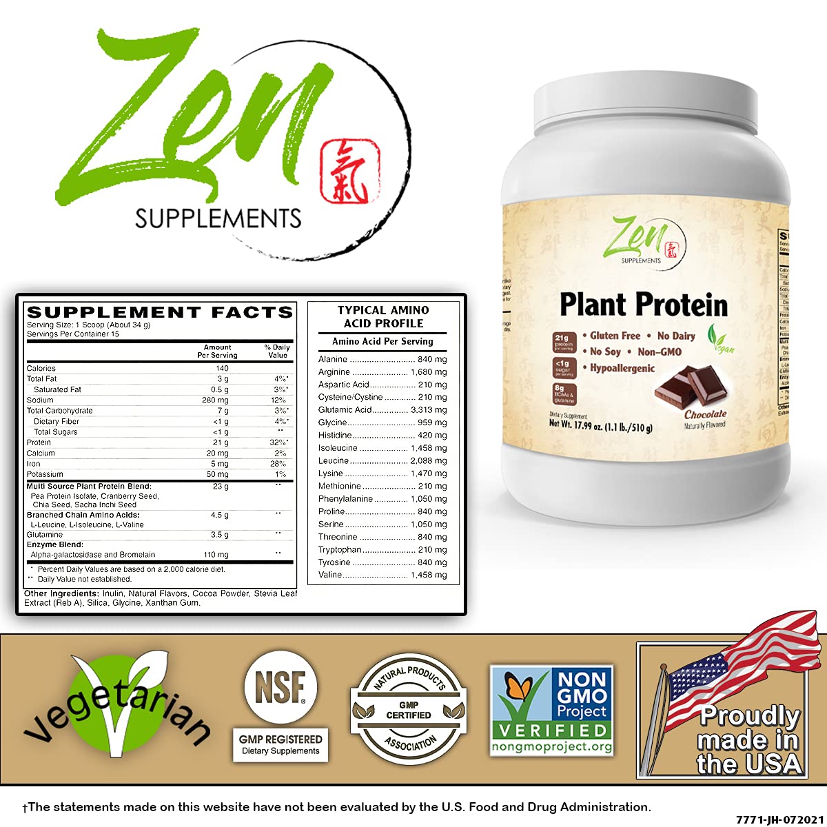 Zen Supplements - Plant Protein-Chocolate 510G 1.1LB -Powder - 23 Grams of Protein Per Serving -Vegan, Low Net Carbs, Non Dairy, Gluten Free, Lactose Free, No Sugar Added, Soy Free, Kosher, Non-GMO