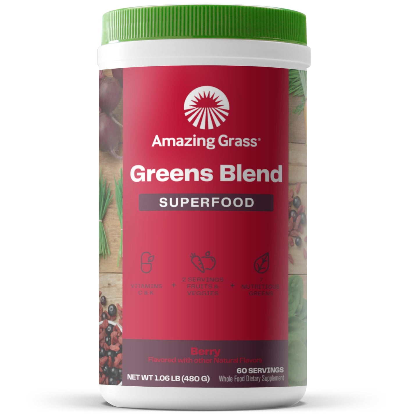 Amazing Grass Greens Superfood Powder: Greens Powder with Digestive Enzymes & Probiotics, Organic Spirulina, Chlorella, and Beet Root Powder, Berry, 60 Servings