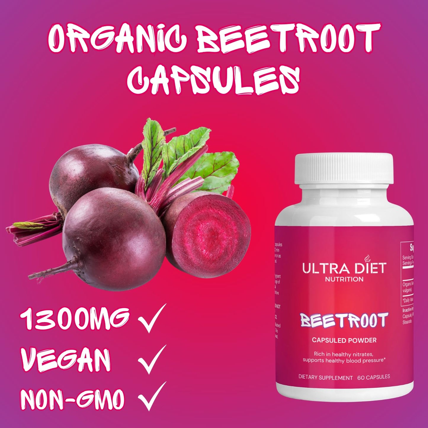 Ultra Diet Organic Beetroot Capsules, 1300mg, Nitric Oxide, 100% Natural, Non-GMO, 60 Capsules