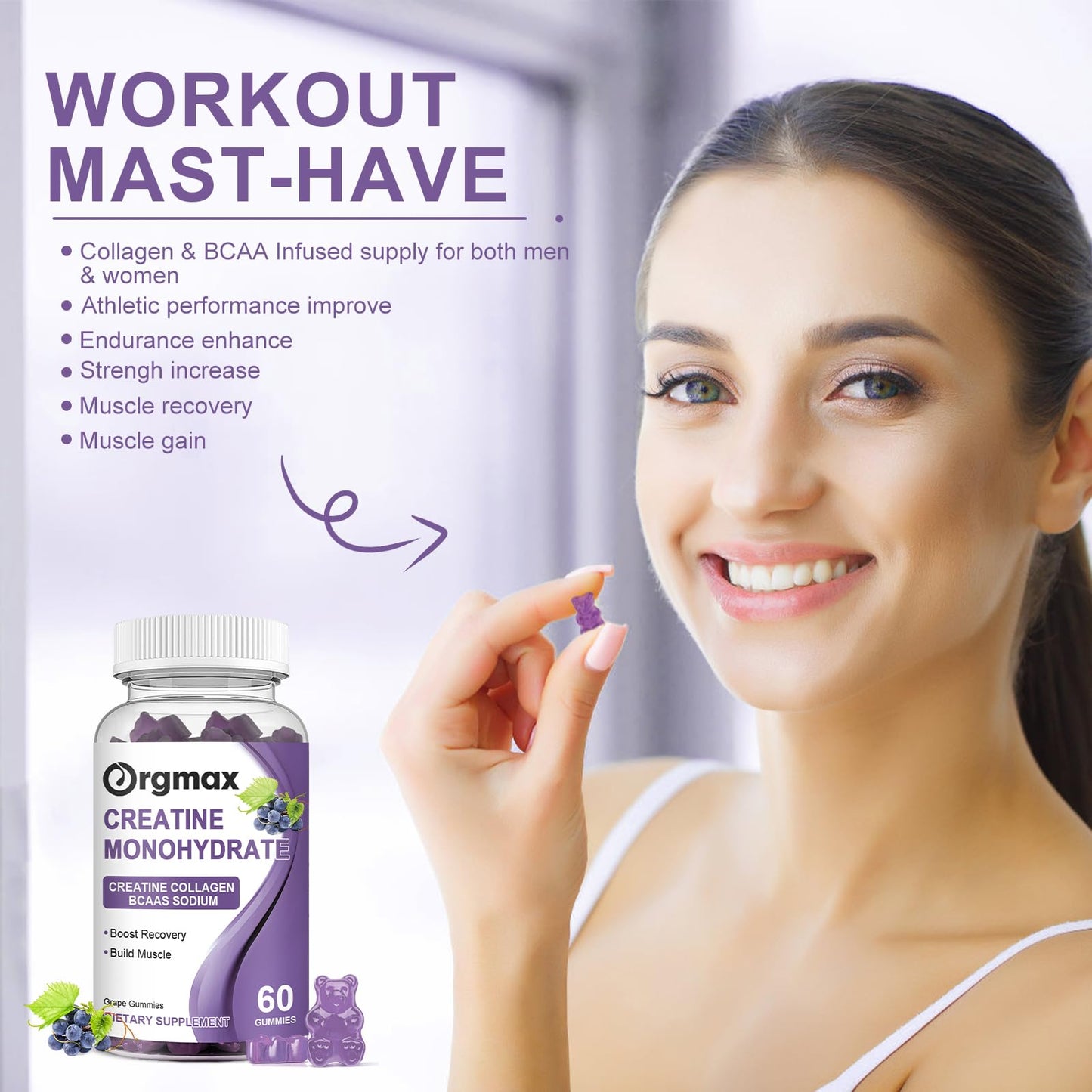 Generic Creatine Monohydrate Gummies, Delicious Grape Flavored for Men & Women, Enhanced with Collagen & BCAA, Easy-to-Swallow Chews for Muscle Strength, Energy Boost, Pre-Workout Supplement(2 Pack)