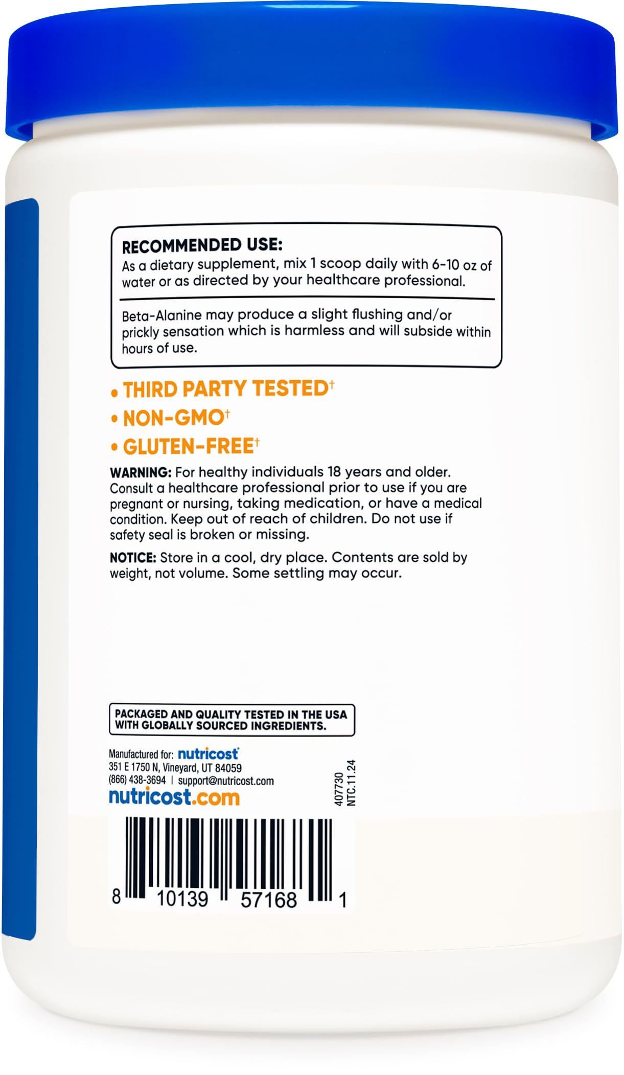 Nutricost Beta Alanine Powder 500 Grams (1.1lbs) - Pure Beta Alanine, Gluten Free & Non-GMO