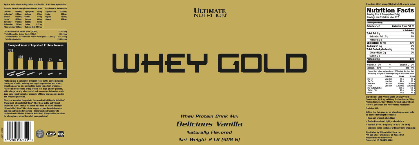 Ultimate Nutrition Whey Gold Protein Powder with 20 Grams of Protein and Amino Acids for Maximum Muscle Growth and Recovery, 27 Servings, Vanilla