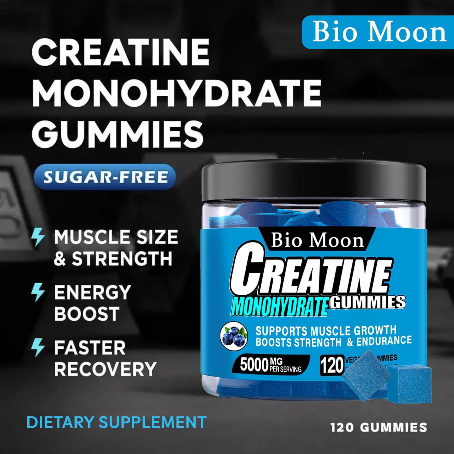 Bio Moon Creatine Monohydrate Gummies 5000mg for Men & Women, Chewables Creatine Monohydrate for Muscle Strength, Muscle Builder, Energy Boost, Pre-Workout Supplement(120 Count)- Blueberry Flavour